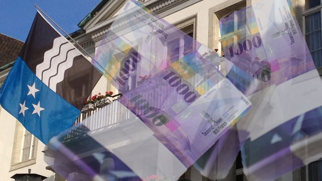 Das Aargauer Grossratsgebäude mit Geldnoten davor. Das Aargauer Grossratsgebäude mit Geldnoten davor.
