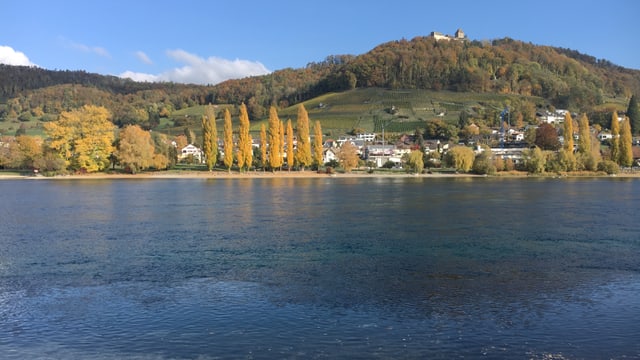 Blick auf den blauen Rhein und das Schloss Hohenklingen. Blick auf den blauen Rhein und das Schloss Hohenklingen.