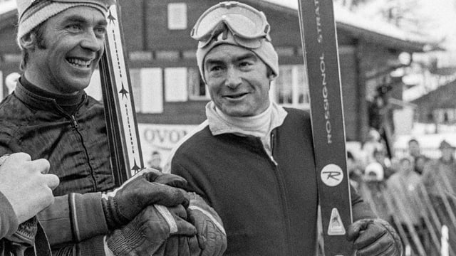Dumeng Giovanoli (rechts) an der Seite von Karl Schranz beim Riesenslalom von Adelboden 1970. Dumeng Giovanoli (rechts) an der Seite von Karl Schranz beim Riesenslalom von Adelboden 1970.