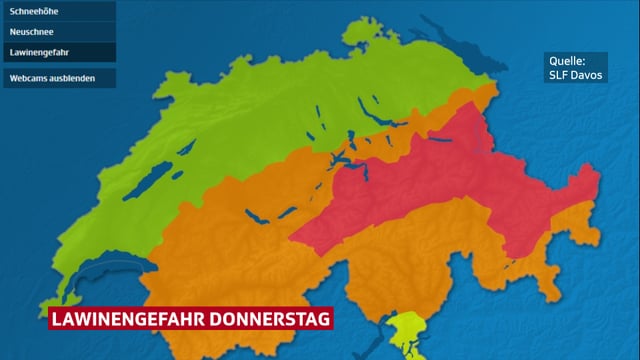 Eine Schweizer Karte und eingezeichnet Regionen mit unterschiedlichen Gefahrenstufen für Lawinen. Der zentrale und östliche Alpennordhang ist rot eingefärbt. Eine Schweizer Karte und eingezeichnet Regionen mit unterschiedlichen Gefahrenstufen für Lawinen. Der zentrale und östliche Alpennordhang ist rot eingefärbt.