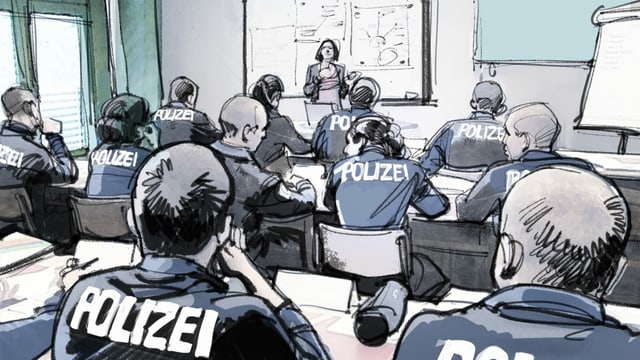 Illustration: Polizisten sitzen im Unterricht Illustration: Polizisten sitzen im Unterricht