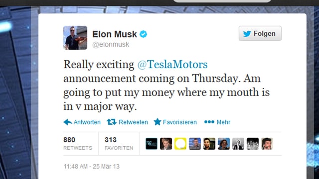 Stein des Anstosses: Die Twitter-Nachricht von Tesla-Chef Elon Musk vor wenigen Tagen. Stein des Anstosses: Die Twitter-Nachricht von Tesla-Chef Elon Musk vor wenigen Tagen.