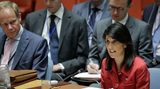 Die US-Botschafterin bei der UNO im Saal des Sicherheitsrats. Die US-Botschafterin bei der UNO im Saal des Sicherheitsrats.