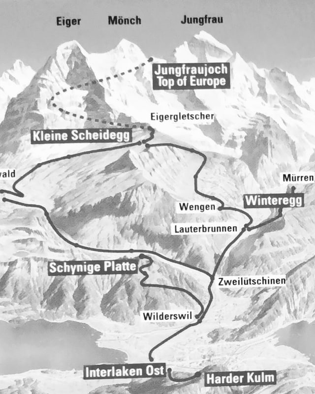 Karte mit Eisenbahnrouten in der Eiger, Mönch und Jungfrauregion Karte mit Eisenbahnrouten in der Eiger, Mönch und Jungfrauregion