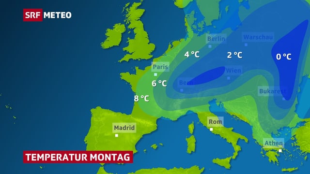 Flächig dargestellt die Kaltluft über Europa am Montag. Flächig dargestellt die Kaltluft über Europa am Montag.