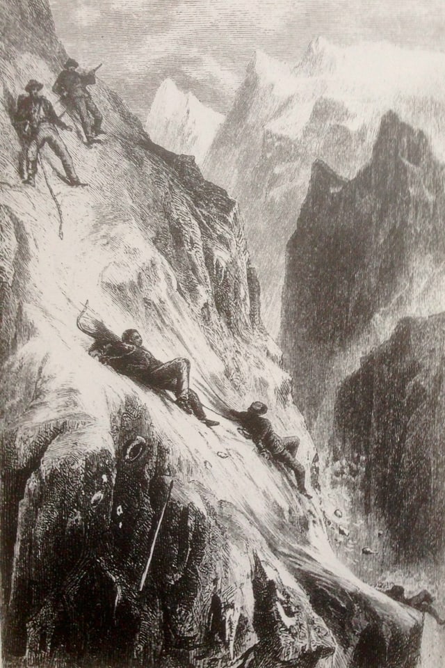 «Das Unglück am Matterhorn», Holzstich nach Zeichnung von E. Heyn und F. Specht. «Das Unglück am Matterhorn», Holzstich nach Zeichnung von E. Heyn und F. Specht.