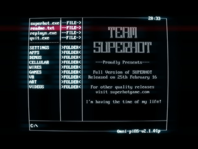 Team Superhot präsentiert das Game - auf der Oberfläche namens piOS. Team Superhot präsentiert das Game - auf der Oberfläche namens piOS.
