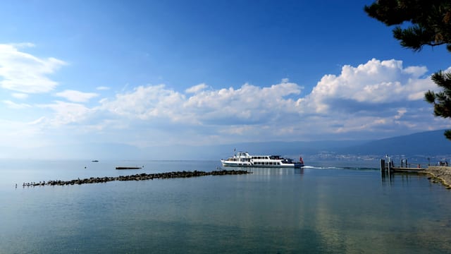 Ein Kursschiff verlässt den Hafen in Cudrefin am Neuenburgersee. Ein Kursschiff verlässt den Hafen in Cudrefin am Neuenburgersee.
