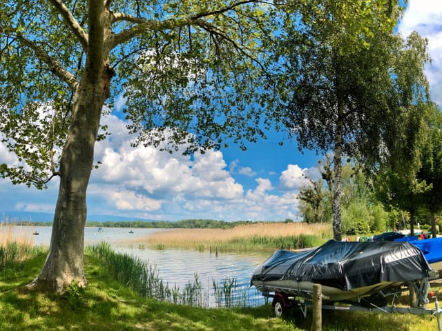 Quellwolken am Himmel über dem Murtensee.