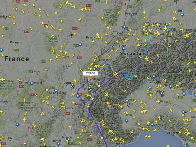 Der ZeroG-Airbus ist auf dem Rückflug nach Dübendorf, Radarbild.