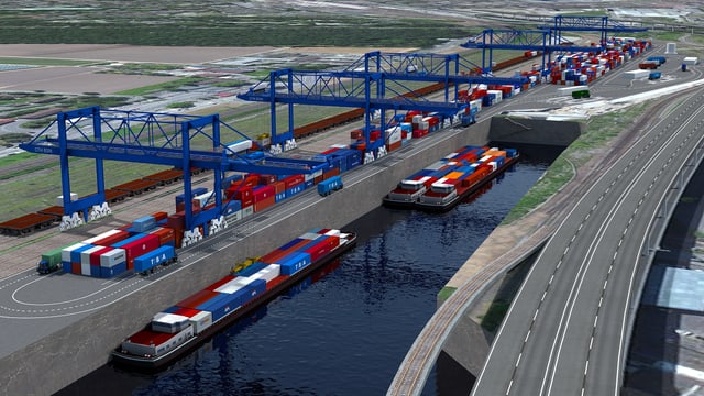 Computerbild mit einem neuen Rheinhafen und einer Umladestation Strasse/Schiene Computerbild mit einem neuen Rheinhafen und einer Umladestation Strasse/Schiene