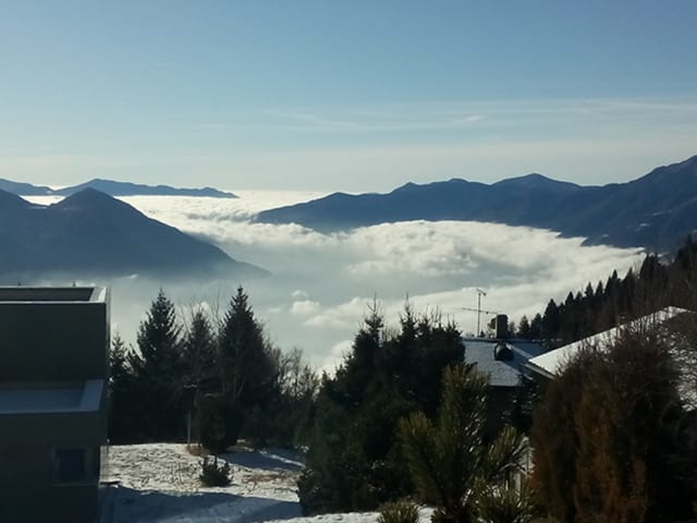 Blick von der Cardada, oberhalb von Locarno, auf den aufgelockerten Hochnebel über dem Lago Maggiore.