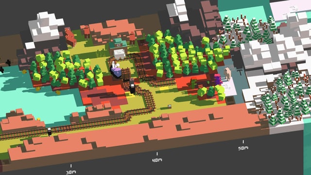Im Bauklotz-stiel von Minecraft legt man Schienen vor den fahrenden Zug. Im Bauklotz-stiel von Minecraft legt man Schienen vor den fahrenden Zug.