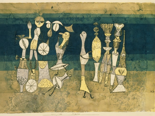 Bild von Paul Klee in Ocker und Grüntönen mit Figuren und anderen Objekten. Bild von Paul Klee in Ocker und Grüntönen mit Figuren und anderen Objekten.