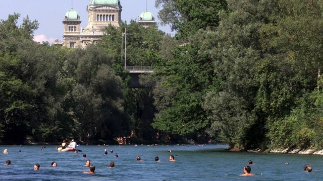 Bundeshaus und Aare, in welcher zahlreiche Badende schwimmen. Bundeshaus und Aare, in welcher zahlreiche Badende schwimmen.