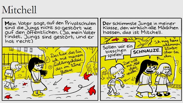 Comic mit einem kleinen Mädchen, das sehr unfreundlich zu einem kleinen Jungen ist Comic mit einem kleinen Mädchen, das sehr unfreundlich zu einem kleinen Jungen ist