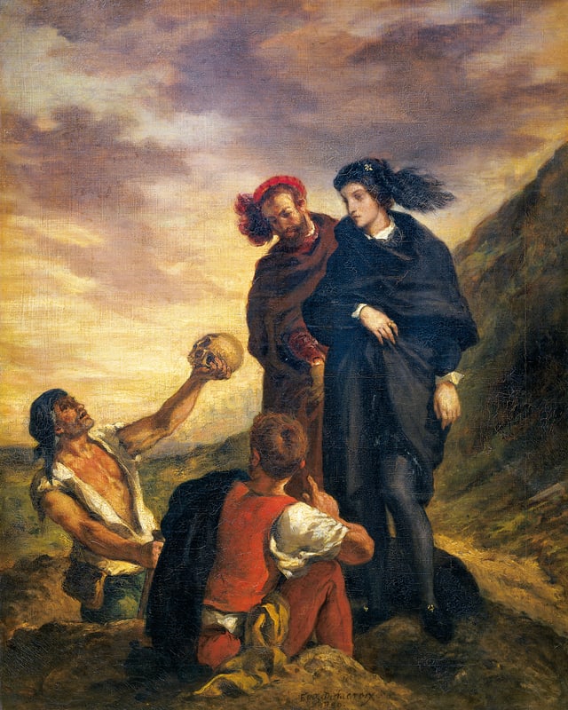 Hamlet and Horatio auf dem Friedhof, ein Mann streckt ihnen einen Totenschädel entgegen