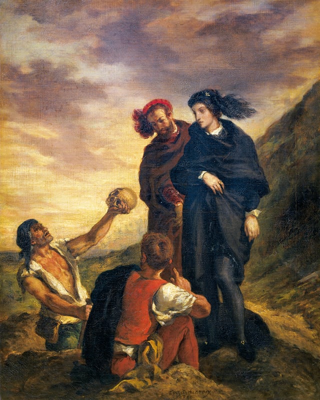 Hamlet and Horatio auf dem Friedhof, ein Mann streckt ihnen einen Totenschädel entgegen Hamlet and Horatio auf dem Friedhof, ein Mann streckt ihnen einen Totenschädel entgegen