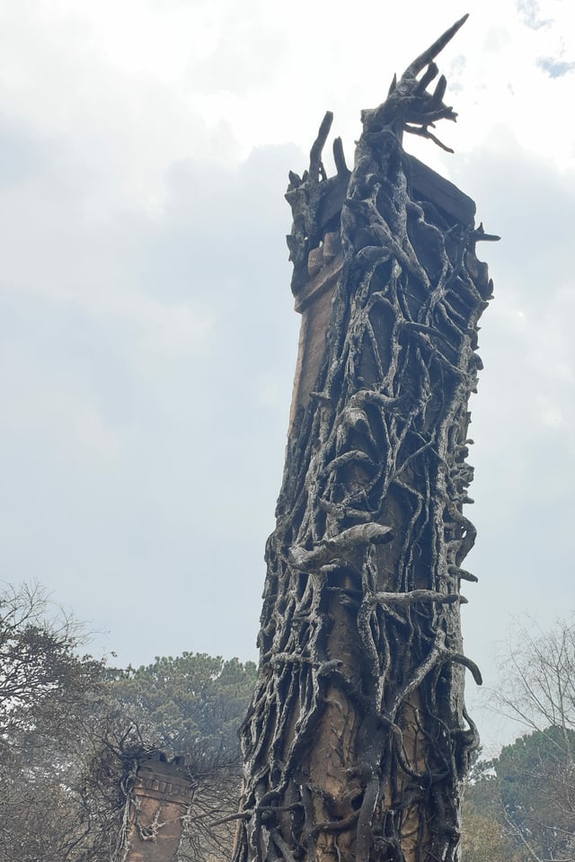 Wie mit Finger eines Gespensts umklammert der verbrannte Efeubaum den Schornstein. Wie mit Finger eines Gespensts umklammert der verbrannte Efeubaum den Schornstein.