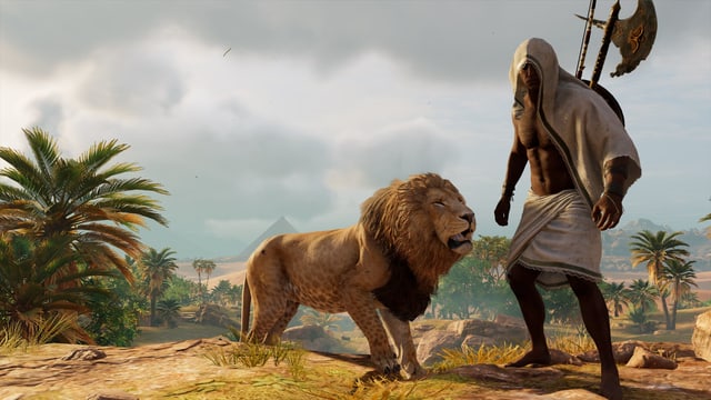 Bayek und sein gezähmter Löwe. Bayek und sein gezähmter Löwe.