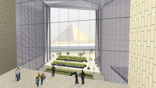 Computeranimation zum Grand Egyptian Museum mit Blick auf Pyramiden von Gizeh. Computeranimation zum Grand Egyptian Museum mit Blick auf Pyramiden von Gizeh.