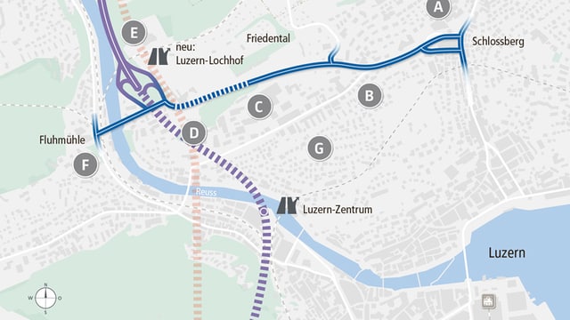 Schematische Darstellung des Strassenprojekts Bypass Luzern. Schematische Darstellung des Strassenprojekts Bypass Luzern.