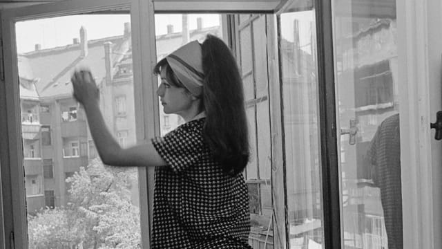 Frau putzt Fenster Frau putzt Fenster