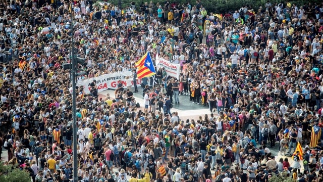 Eine Menschenmasse blockiert eine Strasse. Eine Menschenmasse blockiert eine Strasse.