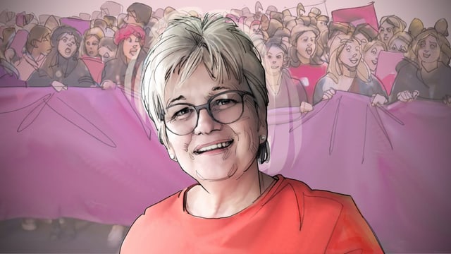 Porträt-Illustration: Eine Frau, im Hintergrund streikende Frauen. Porträt-Illustration: Eine Frau, im Hintergrund streikende Frauen.