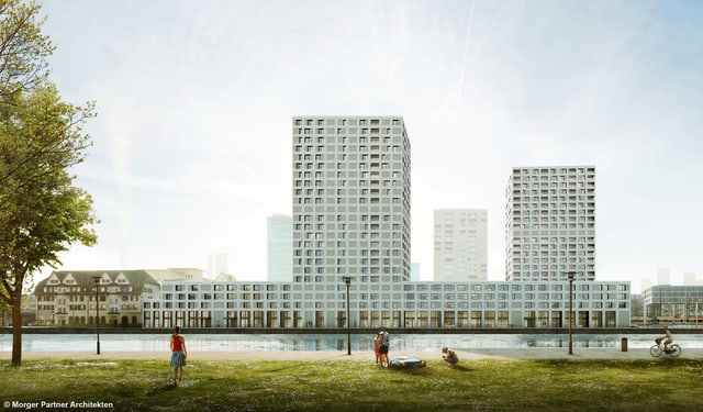 Eine Visualisierung zeigt die Limmat, im Hintergrund zwei Hochhäuser, die mit weisser Fassade in den Himmel ragen. Eine Visualisierung zeigt die Limmat, im Hintergrund zwei Hochhäuser, die mit weisser Fassade in den Himmel ragen.