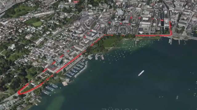 Virtuelle Karte der Stadt Zürich, darauf rot die Rennstrecke Virtuelle Karte der Stadt Zürich, darauf rot die Rennstrecke