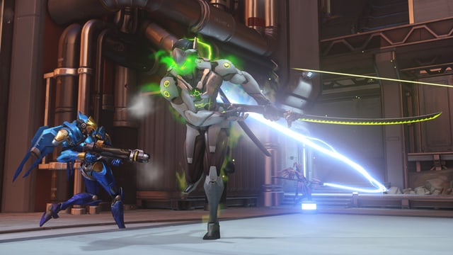 Cyber-Ninja Genji schwingt sein Schwert. Cyber-Ninja Genji schwingt sein Schwert.