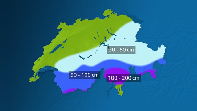 Karte mit erwarteter Neuschneemenge. Im Süden sind bis zwei Meter Neuschnee möglich. Karte mit erwarteter Neuschneemenge. Im Süden sind bis zwei Meter Neuschnee möglich.