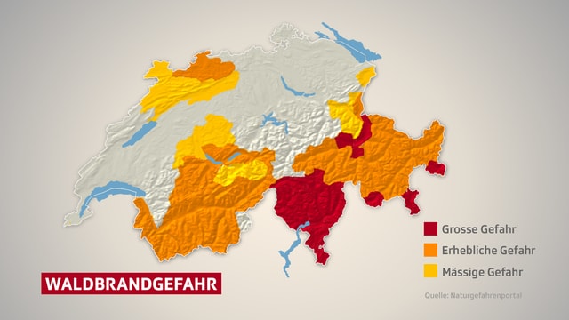 Karte mit eingezeichneten Gebieten in denen Waldbrandgefahr herrscht. Karte mit eingezeichneten Gebieten in denen Waldbrandgefahr herrscht.