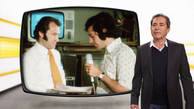 Roger Schawinski vor Bild aus Beitrag im Jahr 1974 Roger Schawinski vor Bild aus Beitrag im Jahr 1974