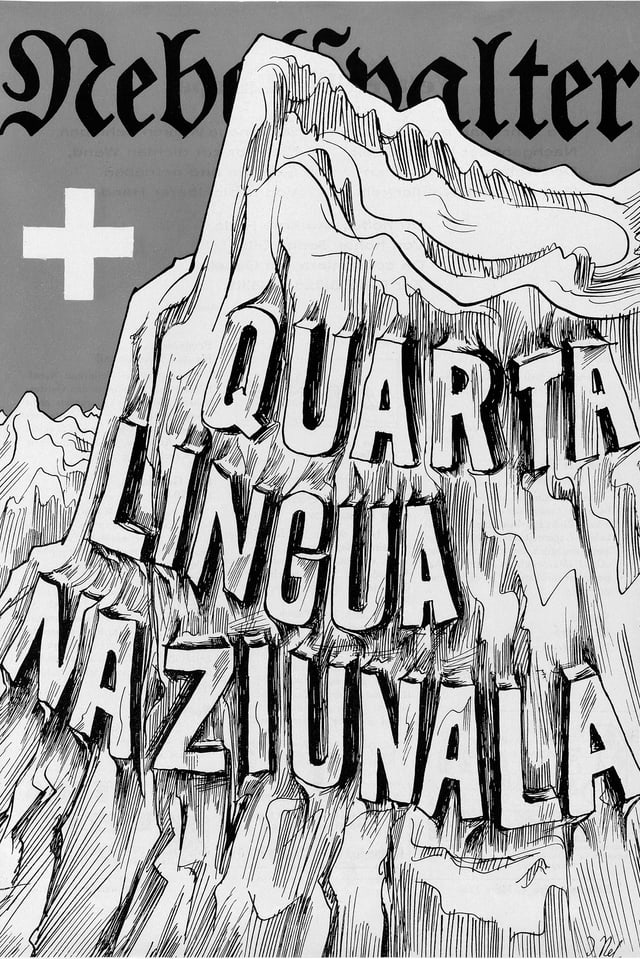 Titelblatt des Nebelspalters. Darauf steht Quarta Lingua Naziunala auf einen Berg gemeisselt.