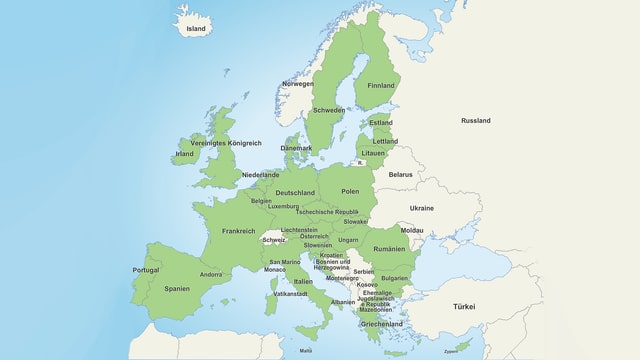 Eine Karte Europas mit grün eingefärbten EU-äMitgliedsstaaten.
