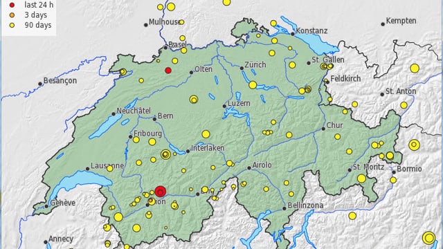 Schweizer Karte mit Markierungen der registrierten Erdbeben in den letzten 90 Tagen. Schweizer Karte mit Markierungen der registrierten Erdbeben in den letzten 90 Tagen.