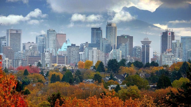 Herbstlich verfärbte Bäume, dahinter Hochhäuser in Vancouver