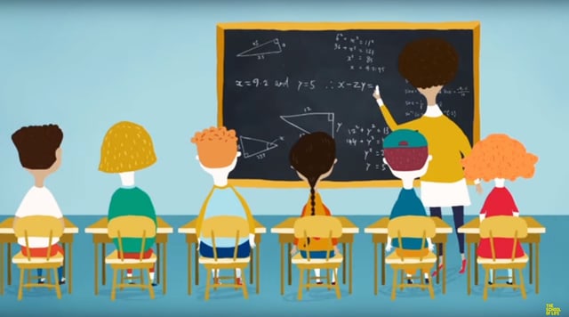Eine Illustration: Sechs Kinder schauen auf dei Wandtafel, wo eine Lehrerin was schreibt. Eine Illustration: Sechs Kinder schauen auf dei Wandtafel, wo eine Lehrerin was schreibt.