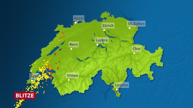 Im Genferseegebiet sind auf der Schweizkarte als farbige Kreuze Blitzeinschläg dargestellt. Im Genferseegebiet sind auf der Schweizkarte als farbige Kreuze Blitzeinschläg dargestellt.