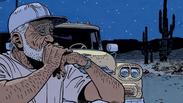 Comic: Ein Mann sitzt neben einem Auto. Comic: Ein Mann sitzt neben einem Auto.
