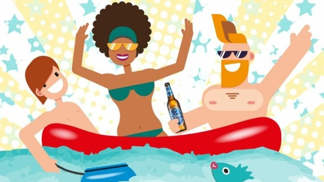 Grafik: Drei Leute auf einem Gummiboot, einer mit einem Bier in der Hand, vor dem Boot ein Fisch. Grafik: Drei Leute auf einem Gummiboot, einer mit einem Bier in der Hand, vor dem Boot ein Fisch.