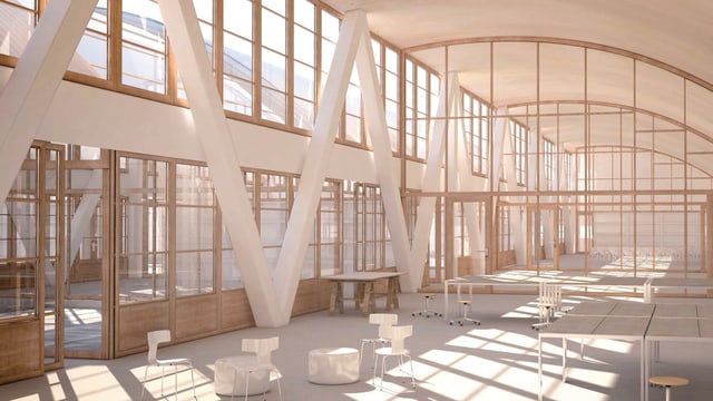 Visualisierung der Schul- und Aufenthaltsräume im Obergeschoss des geplanten Schulhauses Freilager in der Stadt Zürich. Visualisierung der Schul- und Aufenthaltsräume im Obergeschoss des geplanten Schulhauses Freilager in der Stadt Zürich.