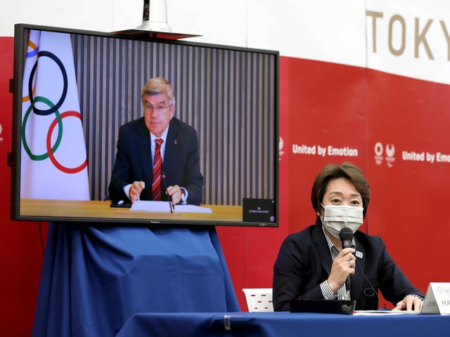 Thomas Bach zugeschaltet an einer Medienkonferenz. Thomas Bach zugeschaltet an einer Medienkonferenz.