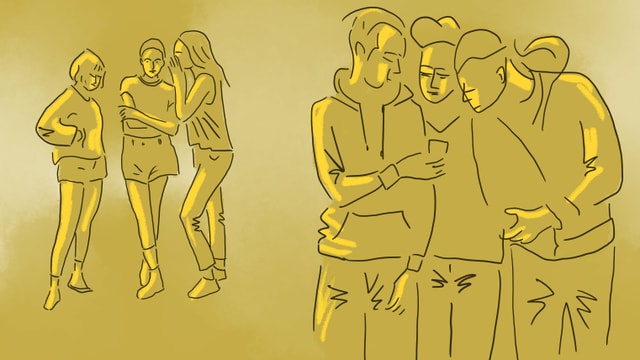 eine Illustration einer Gruppe von Jungs, die sich ein Handy herumreichen und Mädchen, die im Hintergrund darüber flüstern eine Illustration einer Gruppe von Jungs, die sich ein Handy herumreichen und Mädchen, die im Hintergrund darüber flüstern