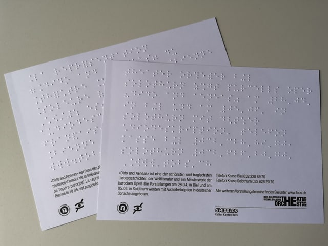 Flyer des Theaters in Brailleschrift. Flyer des Theaters in Brailleschrift.