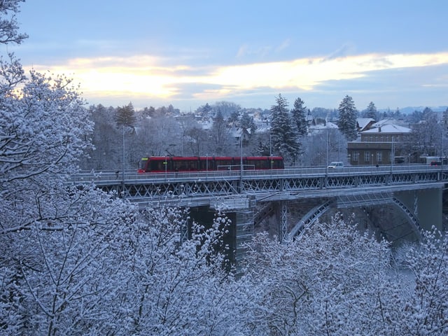 Blick auf eine Brücke mit Tram.