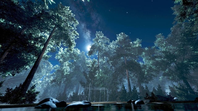 ein VR-Bild eines Waldes mit See ein VR-Bild eines Waldes mit See