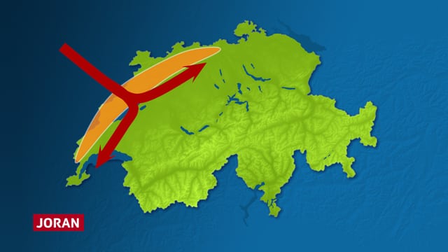 Eine schematische Darstellung des Jurabogens und des Jorans. Pfeile verdeutlichen wie der Wind über den Jura bricht und sich südlich des Juras in zwei Arme teil. Der eine Windarm zeigt in Richtung Genfersee, der andere Windarm in Richtung Solothurn/Aargau. Eine schematische Darstellung des Jurabogens und des Jorans. Pfeile verdeutlichen wie der Wind über den Jura bricht und sich südlich des Juras in zwei Arme teil. Der eine Windarm zeigt in Richtung Genfersee, der andere Windarm in Richtung Solothurn/Aargau.